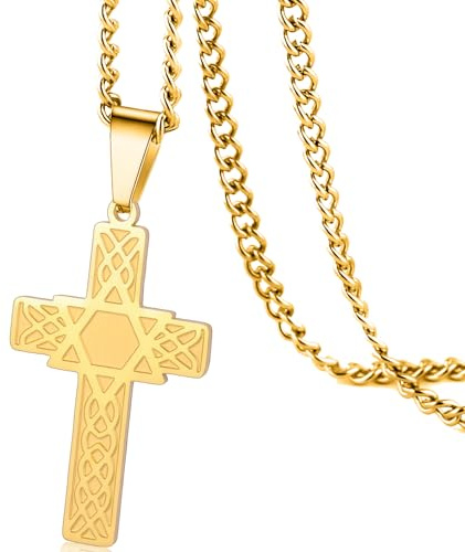 VASSAGO Collana con ciondolo a croce con stella di David da uomo ciondolo con croce a croce con esagono religioso ebraico cristiano protezione gioielli regali (Collana stella d'oro di david)