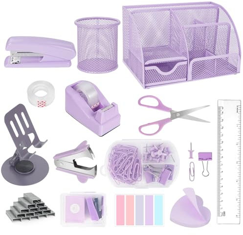 Schreibtisch Organizer und Zubehör, Bürobedarf, 15 PS Set mit Hefter, Heftklammerentferner, Stifthalter, Clip-Set, Klebebandabroller, Klebeband, Telefonhalter, 1000 Heftklammern, Lineal, Schere (lila)