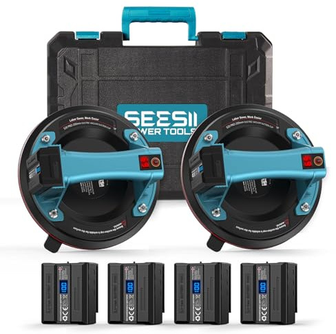 SEESII Electric Tile Suction Cup Lifters, 8-Inch Battery Glass Suckers Lifters with 4x 2400mAh Batteries, LED Display, 600 LBS Max Load Heavy-Duty Vacuum Suction Cups for Tile/Window/Granite