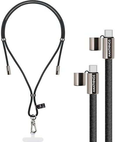 AMATHINGS 160 cm USB C auf USB C 2-in-1 Handy-Umhängeband in schwarz & 60W USB-C-Schnellladekabel Verstellbar, Universell – Crossbody-Kette | Handygurt Passend für Android & iPhone 15 16 Samsung