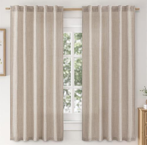MIULEE Faux Linen Curtains 63 Inch Length 2 Panels Natural Semi Sheer Curtain with Back Tab Rod Pocket, Light Filtering Window Privacy Burlap Drapes for Living Room Bedroom 42W x 63L Linen