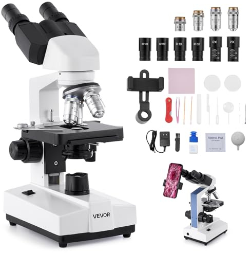 VEVOR Binokularmikroskop für Erwachsene, Profi Mikroskop-Set mit 40-5000-facher Vergrößerung & zweistufigem Mikroskop & 2 Okularsätzen, Verbundmikroskop inkl. LED-Licht & Telefonhalterung