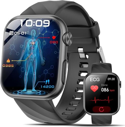 2025 Neu Smartwatch EKG+HRV/BMI/Harnsäure/ΒΙυtｚυcker Herren Damen, 1.97'' AMOLED Gesundheitsuhr mit Bluetooth Anrufe, 24H Herzfrequenz/Blutdruck/Schlafmonitor/SOS-Notruf Fitnessuhr für Android/iOS