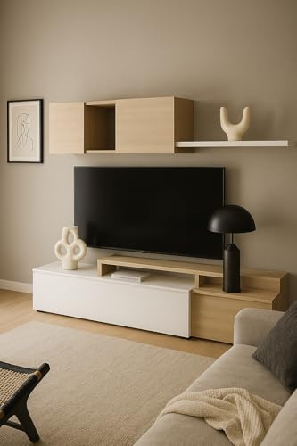 Arreditaly Parete Attrezzata Mobile Soggiorno TV con Mensola Pensile Salotto Legno Base Televisione Sala da Pranzo Design Moderno Modulare Reversibile Adelaide 201 x 41 x 44 Cm (Bianco E Rovere)