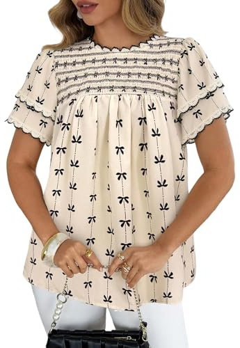Cuptacc Womens Tops Nice Flowy Shirts Short Sleeve Blouses for Women Loose Fitting Tops Plus Size Fashion 2025 Peasant Blouse Casual Apricot-Bow XL