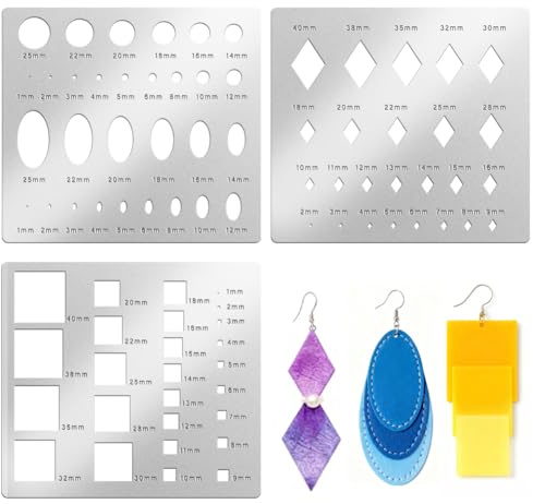 TWINKLEMON 3 stencil geometrici in metallo, stencil quadrati a forma di ellisse, rombi, per artigianato, riutilizzabili, Art Basic, set di stencil per disegni fai da te, bracciali, orecchini, diari