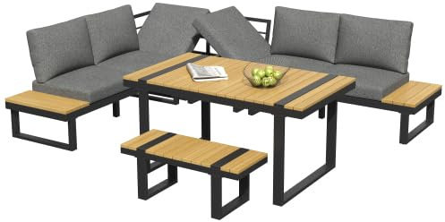 feynoss Gartenmöbel Set 6-7 Sitzer Lounge-Sofa mit großem Tisch, wetterfest und UV-beständig, hochwertige Sitzkissen, Grau für Balkon, Terrasse und Garten