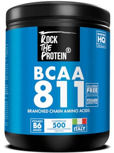 Aminoacidi Ramificati BCAA 8 1 1 Con Vitamina B6 500 Compresse Da 1000mg Per il Recupero Muscolare Rock The Protein® Leucina, Isoleucina, Valina, Intra Pre Post Workout Palestra