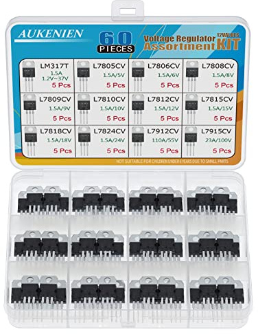 AUKENIEN 12 Values 60pcs L7805 LM317 L7806 L7808 L7809 L7810 L7812 L7815 L7818 L7824 L7912 L7915 Linear Positive Negative Voltage Regulator Assortment Kit TO-220