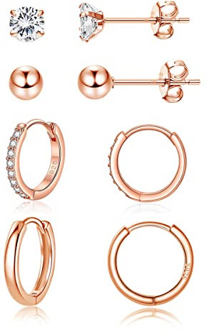 Cangall Creolen Silber 925 Ohrstecker Ohrringe, 925 Sterling Silber Damen Ohrstecker Creolen Ohrringe Set, 4 Paare Rose Gold Schlafen Ohrstecker Creolen Ohrringe Set, 5mm Ohrstecker & 14mm Creolen