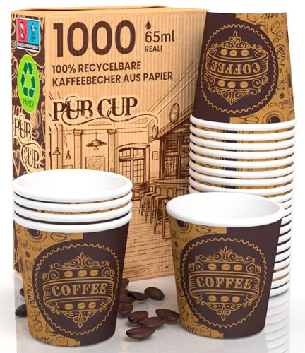 Eurocali 1000 espresso pappersmugg, 65 ml biologiskt nedbrytbar kaffe, engångsmugg – ekologisk design, pubCUP – liten storlek för italiensk espresso för varma drycker