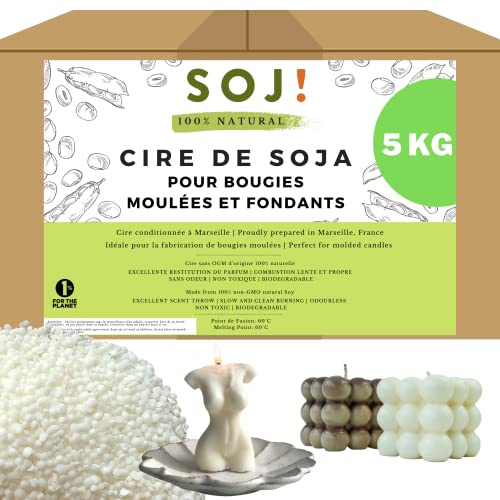 Sojavax för gjutna ljus och fondantljus, GMO-fritt ljusvax, 100 % naturligt och veganskt, växtljustillverkning, förpackad i Frankrike (5 kg)