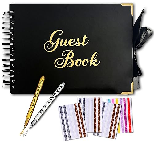 Custom Guest Book for Wedding – 12x8.5” Guest Book Blank Pages, 80 Pages Black Cardboard, with Gold Foil Hardcover, Wedding Guest Book, with Gold Pen,for Funeral, Party, Birthday, Guest Book(Black)