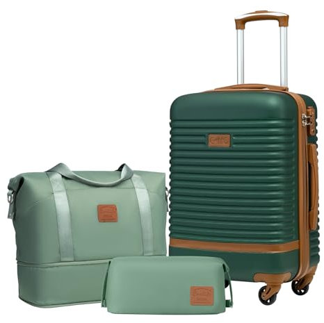 COOLIFE Koffer Set 3-TLG: Handgepäck + Reisetasche | ABS Hartschale Leicht, 360° Räder & TSA-Schlösser Für Europa, Kreuzfahrt & Auslandsstudium – Familienurlaub Essentials Dunkelgrün/Braun