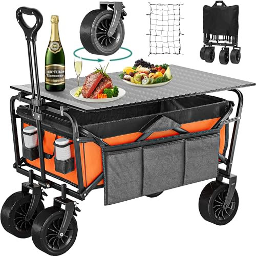 YITAHOME Carrito de Playa con Grandes Ruedas Universales, Carretilla Plegable con Mesa y 2 Portavasos Gran Capacidad 220lbs Altura del Mango Ajustable, Carro Camping para Jardín/Playa/Picnic (Naranja)