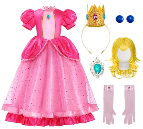 Spooktacular Creations 5 Pezzi Abito da Principessa Ragazza, Costume Rosa Pesca con Parrucca, per Compleanno, Cosplay, Festa di Halloween.(3T (3-4 Anni))