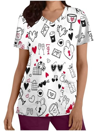 SYDUZAX Blouse Medicale Femme Chemisier Uniforme Médical Infirmière Manches Courtes Col en V Femmes Soin Imprimé Haut Décontracté Élastique 2 Poches T-Shirt d'impression de Travail Tops Ample Mode