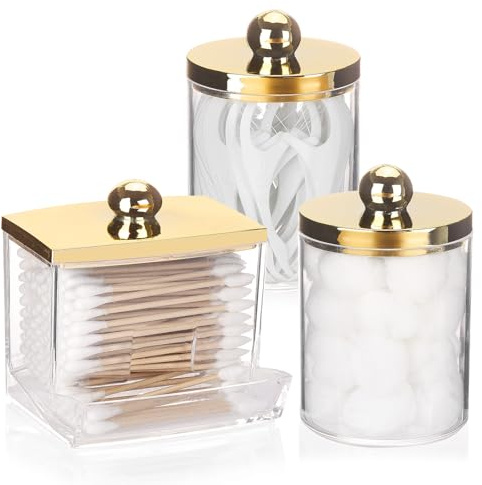 Tbestmax 10oz Cotton Ball Holder 7oz Qtips Dispenser, Bathroom Container Organizer for Storage Cotton Swabs, Pads - Apothecary Jar with Gold Lids
