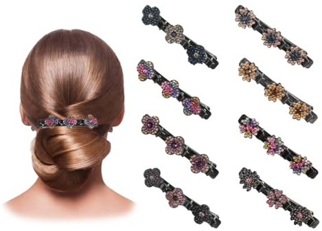 Anlising 8 Pièces Barrette à Cheveux Latérale à Trois Fleurs, Pinces à Cheveux Tressées en Pierre de Cristal, Pince à Cheveux latérale à Trois Fleurs, Bandeau à Double Couche à la Mode, pour Fille