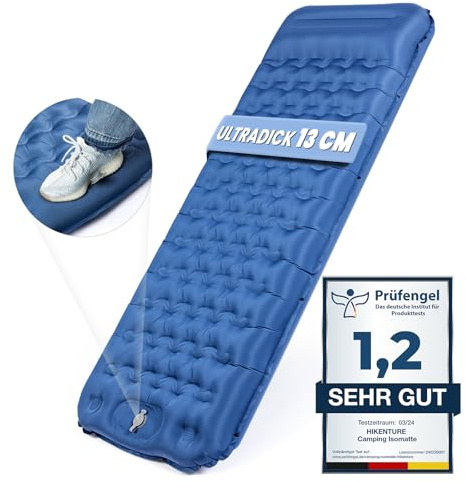 HIKENTURE Alfombra para dormir autoinflable, de 13 cm, para camping, con cojín, inflable, tamaño pequeño, ultraligera, con bomba de pie, para exteriores, senderismo, tienda de campaña