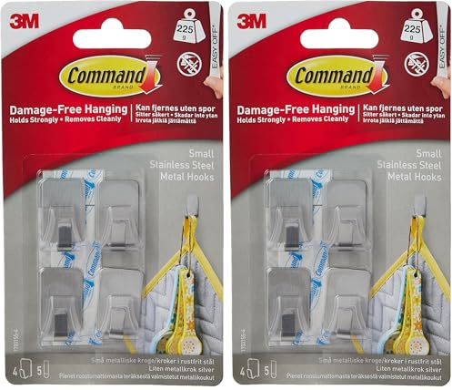 Command Small Stainless Steel Metal Hooks - 4 Hooks, 5 Adhesive Strips - Damage Free Hanging for Wall and Door (Pack of 2)