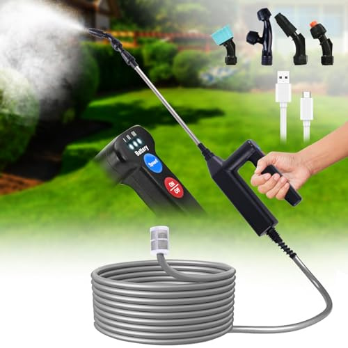 OBEST Spruzzatore Elettrico per Piante,Irroratore a Pressione Ricaricabile a Più Velocità + Asta Telescopica con Tubo da 5M e 4 Ugelli,Spruzzatore da Giardino Portatile per Patio,Prato e Autolavaggio