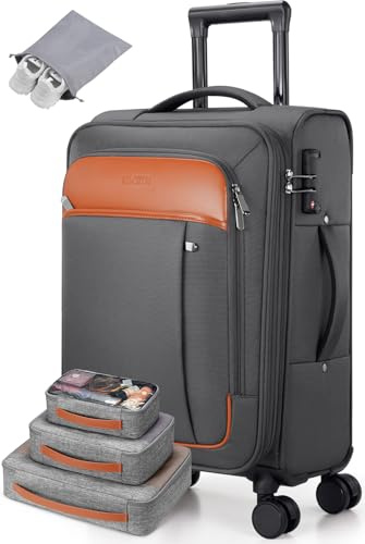UKEIN Expandable Carry On Luggage 22x14x9 Airline Approved, 20Inch Softside Carry On Suitcase with Wheels & TSA Lock, Travel Suitcase with 4-Piece Packing Bags for Women Men (Grey, Carry on （20in）)