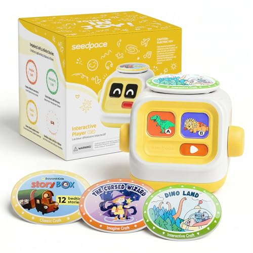 seedpace Reproductor de cuentos sin pantalla para niños: máquina de audio interactiva con 3 botones, 3 tarjetas de historia con 120 historias, amarillo, para niños mayores de 3 años