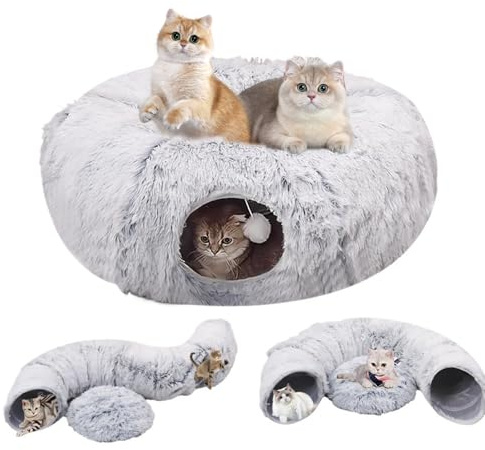 Kattunnel, tunnel för katter, rund med sovplats och säng, multifunktionell vikbar katttunnel, kattgrotta med lekboll, interaktiv leksak för inomhuskattunge (grå)