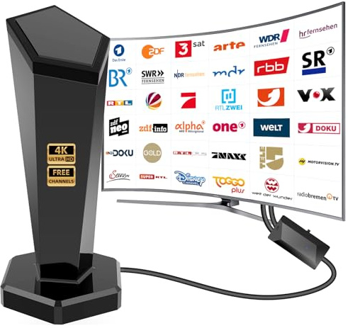 DVBT/DVBT2 Antenne mit Verstärker - HDTV Zimmerantenne für Fernseher, 420 km Großer Reichweite und 360° Empfang, Mit Magnetfuß -Unterstützt 4K 1080P - Alle TV-Geräte DAB/UHF/VHF