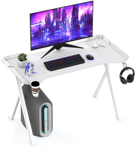XMTECH Mesa de gaming blanca con RGB LED y tablero de carbono, 120 cm, mesa de ordenador, patas en forma de Y, ergonómica, soporte para vasos, gancho para auriculares, para juegos, oficina en casa y