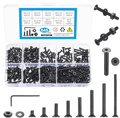 645 Pcs M2.5 Metric Screw Assortment, Countersunk Machine Screw Assortment Kit, Flat Head Hex Socket Cap Screws Set, Black Countersunk Bolts and Nuts Set with Washers & Wrench