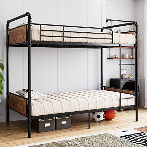IDEALHOUSE Bunk Bed Twin Over Twin, Heavy Duty Convertible Metal Bed with Safety Guardrail, Industrial Design, No Box Spring Needed, Black