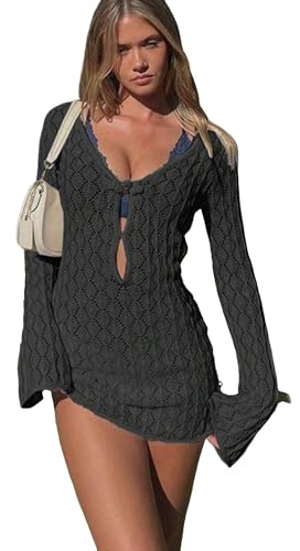 Canli4Y Mini abito da donna a maniche lunghe, lavorato a maglia, abito da spiaggia boho bikini copertura, abito estivo da spiaggia per spiaggia, vacanze, Nero , M
