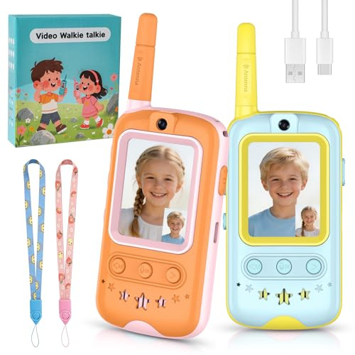 Talkie-Walkie Vidéo pour Enfants, 2 Talkies-Walkie Rechargeable avec Chat Vidéo et SMS, Jeux Intégrés, Changeur de Voix, Photographier, Cadeau de Jouet Interactif pour Garçons et Filles (Jaune+Orange)