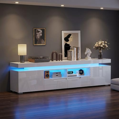 High Gloss 200CM TV Cabinet with 16 LED Lights – Modern TV Stand Unit up to 55–85 Inch TVs, Handleless TV Stand Cabinet w/2 Storage Drawers & Cupboards for Living Room, Entertainment Unit (200cm New)