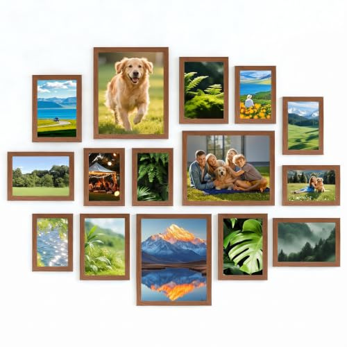 15 PCS Dark Oak color Photo Frame Set, Collage Gallery Photo Frame Set Multi Sizes Including 4x6 5x7 8x10 for Wall and Tabletop Display, Wooden Picture Frame Set for Home Office Living Room Décor