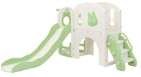 Joyz Scivolo con Tunnel per Bambini 5 in 1, Parco Giochi Interno/Esterno con Scala da Arrampicata e Canestro da Basket e Telescopio, Centro Attività, Set da Gioco con Scivolo Verde Chiaro, da 3 Anni
