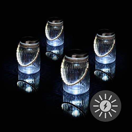 Solarglas 4er Set mit je 3 LED Solar weiß mit Aufhänger Glas Gartenbeleuchtung Ø 11cm, Höhe 15,5 cm Party Garten Licht für Außen mit Solarpanel Sonnen Energie Beleuchtung