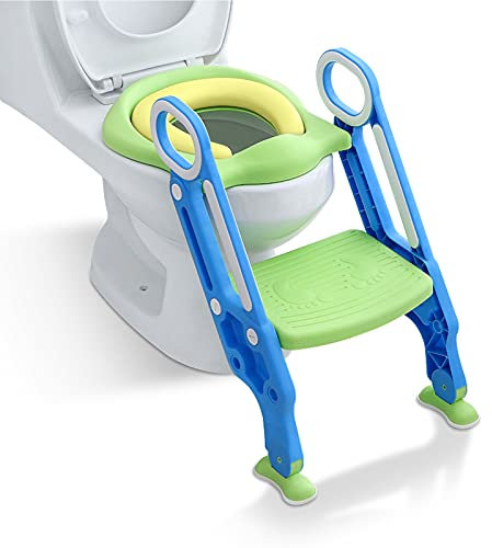 LZQ Kinder-Toilettensitz mit Verstellbarer Treppe und Sitzscheibe aus Weicher PU Material, Geeignet für Kinder im Alter von 1-7, Blau+Grün