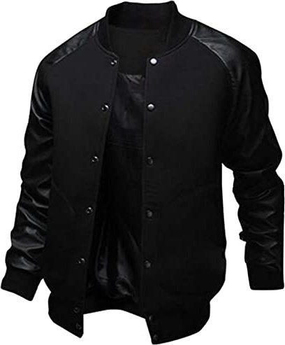 Chuengyu Men's Fashion Splicing Leather Sleeve Baseball Varsity Bomber Jacket(Black,Medium)