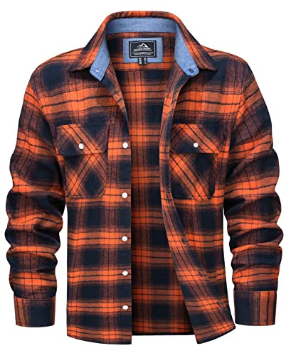 MAGCOMSEN Men's Flannel Shirts Long Sleeve Plaid Shirts Cotton Soft Casual Shirt Button Down Shirt with Pockets Orange,XL