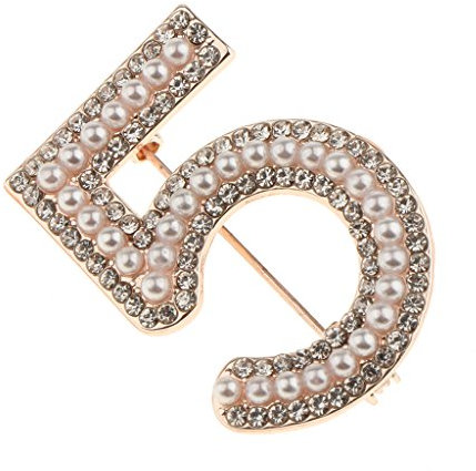 Broche en forme de chiffre 5 avec strass et perles Doré
