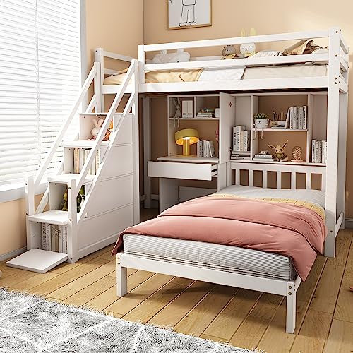 SOFTWEARY Litera, 90 x 200 cm, cuna con 2 camas para dormir, escritorio, somier enrollable y escalera, cama de madera de pino, cama alta con protección anticaídas
