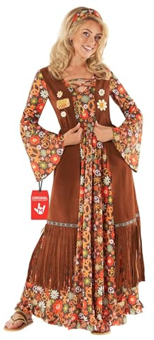 Morph Hippiedräkt Dam - Blommig Lång Klänning med Avtagbar Faux Suede Väst, Hårband & Fringe 70-tal Vuxna