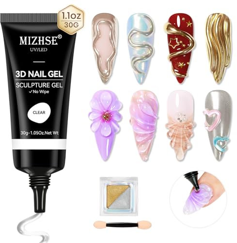 MIZHSE 3D Sculpting Gel & Chrome Nail Powder, 3D Gel for Nail Art, Sculpture Gels for Sculpting Molding Carving Modeling No Wipe Nails Glue, Clear, 30g