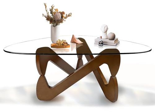 GESEILAY Dreieckiger Couchtisch aus Glas Durchsichtig Wohnzimmertisch Modern Glastisch Couch Klein Kaffeetisch mit Holz Base (Walnut-Transparent, 82)