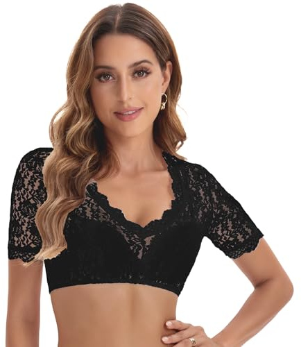 Adisno Dirndl blus dam, Dirndlblus spets, Dirndl-blus, Dirndlblus, Dirndlblus har en elegant V-ringad och sexig spets, svart, 38
