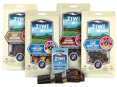 Bundle of ZIWI Dog Chews & Treats- Venison Deer Half Shank + Lamb Ears + Beef Weasand + Lamb Green Tripe + Venison Lung & Kidney - All Natural, Air-Dried, High-Value Treats