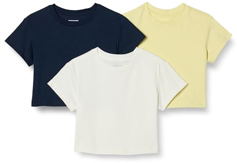 Amazon Essentials T-Shirt a Maniche Corte da Ragazza, Confezione da 3, Avorio/Blu Navy/Giallo Pastello, XS